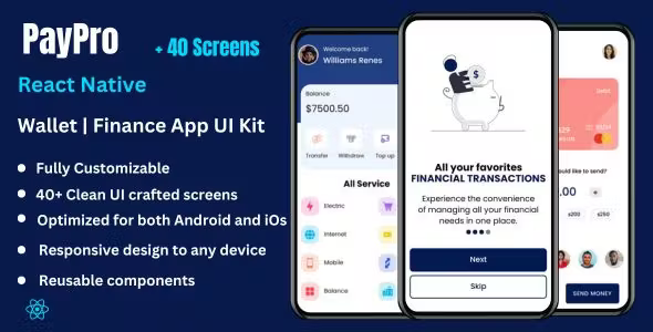 PayPro - Banking | Money Transfer App UI Kit Template | Digital Wallet | React Native App