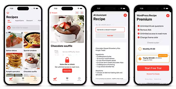 AI Recipe iOS WordPress App - AI Assistant - SwiftUI iOS Full Application