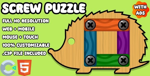 Screw Puzzle - Wood Bolts and Nuts. HTML5 Game (Construct 3). Web and Mobile ready