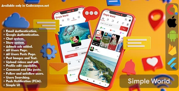 Simple World - Flutter Facebook Clone Full Application with Admin Panel