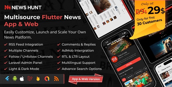 News Hunt - Flutter News app for Android and iOS with Laravel Admin Panel