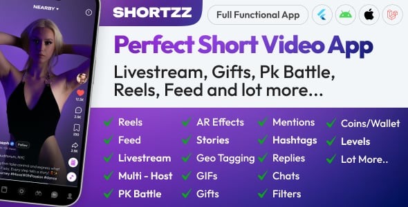 Shortzz : TikTok Clone - Short Video App Live streaming, PK Battle, Feed, Story etc. Flutter/Laravel