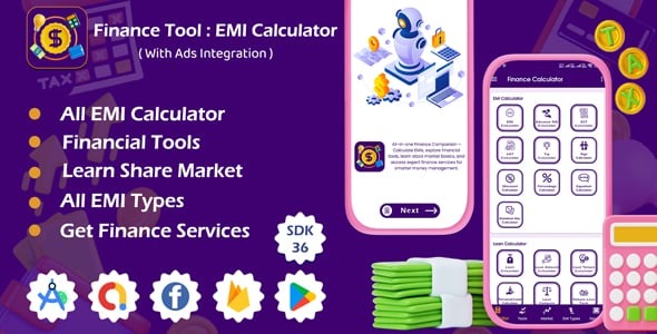 Finance Tool - EMI Calculator - Learn Share Market - Android App with Ads Integration