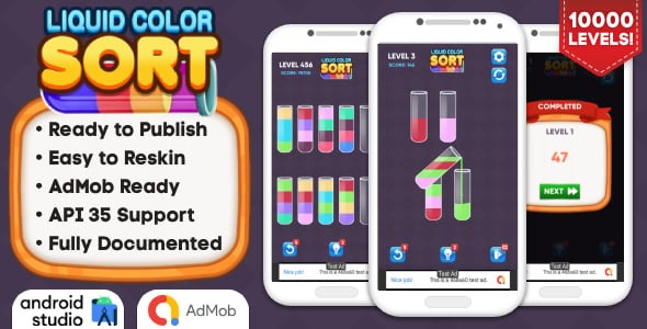 Liquid Color Sort - Puzzle Game Android Studio Project with AdMob Ads + Ready to Publish